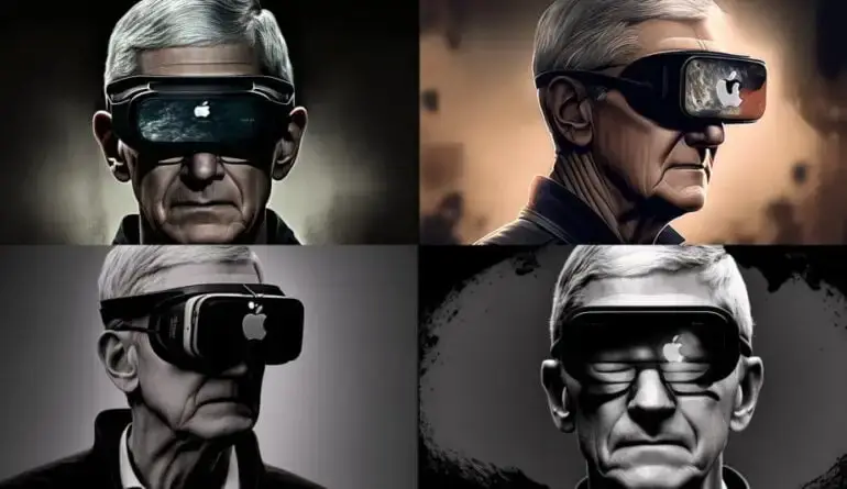 Apple CEO Tim Cook wearing closed VR headset with opaque front and Apple logo on it